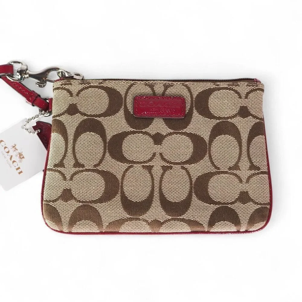 Coach Parker Signature Canvas‎ Wristlet F51775 Khaki / Crimson NWT